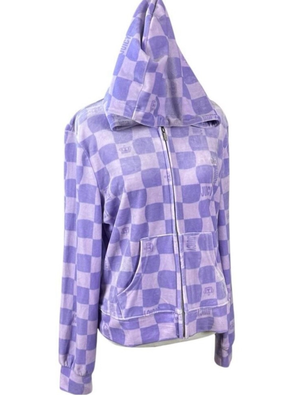 Juicy Couture Velour Lavender Lilac Check Logo Hoodie Size Large Full Zip